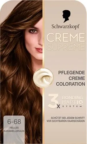 Schwarzkopf Creme Supreme Haarfarbe 6-68 Caramel Dark Blonde - Permanente Haarfarbe von Schwarzkopf, 60 ml, für lebendige, langanhaltende Farben und glänzendes Haar. Ideal zum Kaschieren von grauem Haar und für eine einfache Anwendung zu Hause.