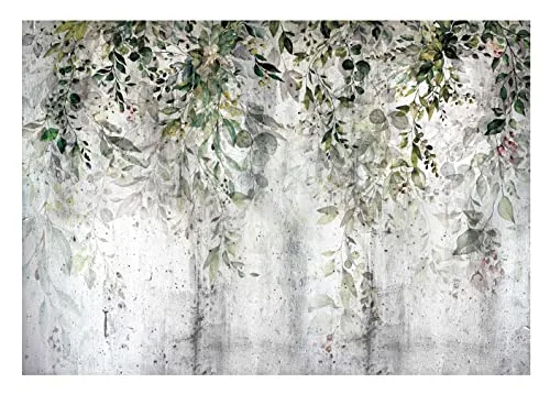 Fototapete Blätter Grüne Pflanzen Natur Beton Vintage Retro - inkl. Kleister - für Wohnzimmer Schlafzimmer Flur Modern Vlies Tapete Vliestapete Wandtapete Motivtapeten Montagefertig (152x104 cm)