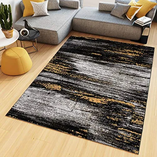 Tapiso Teppich MAYA - Moderner Kurzflor Teppich in Gelb Schwarz - Kurzflor-Teppich für Wohnzimmer und Schlafzimmer, pflegeleicht und fußbodenheizungsgeeignet, mit modernem Design und geometrischen Mustern.