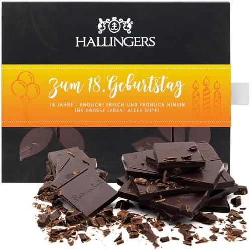 Hallingers Zum 18. Geburtstag - Vegane Schokolade Zartbitter-Edelkakao 85% pur - handmade, alkoholfrei (Box) - Geschenk im Sommer & als perfektes Grillgeschenk | Geburtstag Glückwunsch Jahrestag Glück