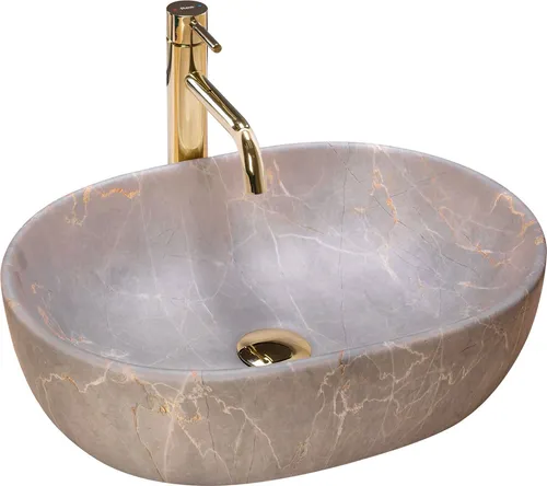 Rea Aufsatzwaschbecken Lara - Oval Beige mit Stein-Optik - Elegantes Waschbecken aus hochwertiger Sanitärkeramik, das die Schönheit von Naturstein imitiert. Ideal für Montage auf Arbeitsplatte oder Schrank und leicht zu reinigen. Lieferung in 2-4 Arbeitstagen!