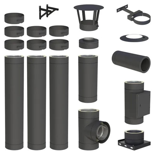Edelstahlschornstein Komplettset 4,3 m Ø 130 mm doppelwandig Jeremias DW-Black - Praktisches 4,3 m Komplettset für Edelstahlschornsteine, doppelwandig mit einfacher Wandmontage. Hochwertige Materialien und zuverlässige Steckverbindungen sorgen für eine langlebige Lösung.