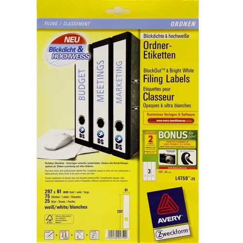 Ordner Etiketten 61x297mm Blickdicht & hochweiß Avery Zweckform L4759-25 75