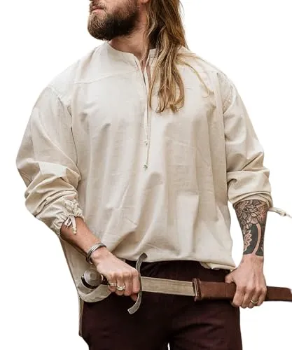 Leonardo Carbone® Mittelalter Hemd Bartholomeus - Mittelalter Kleidung, Mittelalter Hemd Herren, LARP-Kleidung, Festival Outfit Herren, Karneval Kostüm, Freizeithemden Langarm Natur M