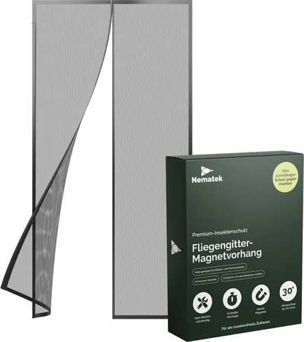Nematek Fliegengitter NTK-MV01, schwarz, 120x220cm - Fliegengitter für Türen mit einfachem Klettverschluss und 16 starken Magneten für automatisches Schließen. Ideal für Balkon- und Terrassentüren, individuell zuschneidbar und ohne Bohren montierbar.
