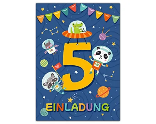 Einladungskarten zum 5. Kindergeburtstag fünfte Geburtstag Jungen Mädchen Astronautenparty Weltall Geburtstagseinladungen 12