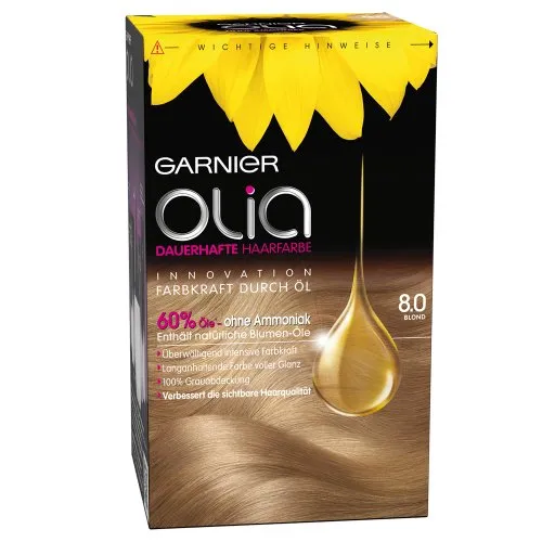 Garnier Olia 8.0 Blond Dauerhafte Haarfarbe ohne Ammoniak mit pflegenden, natürlichen Ölen, Vollständige Grauhaarabdeckung, Permanente Coloration, 1 Stück