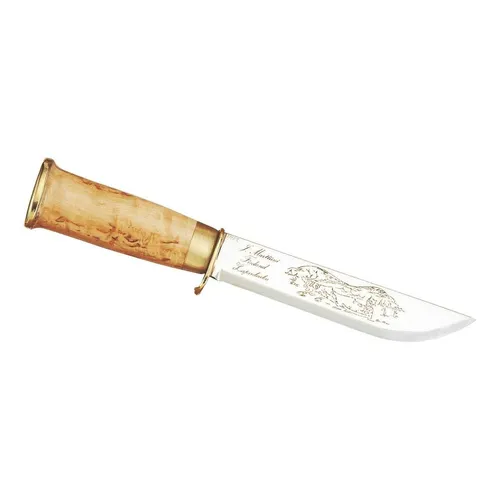 Universalmesser Marttiini Lappland Messer - Taschenmesser mit klassischer, gravierter Klinge aus rostfreiem Stahl und einem ergonomischen Birkenholzgriff. Ideal für Jäger und Outdoor-Fans, bietet es Tradition und Funktionalität in einem.