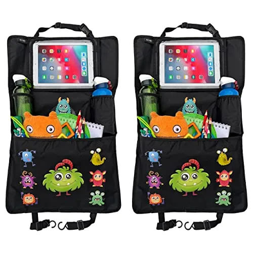 HECKBO 2x Kinder Auto Organizer mit verstellbarer Tablet Tasche mit Touch Folie für bis 20" – Monster Motiv - universal passend