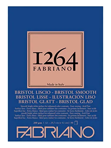 Fabriano Honsell 19100655 - Fabriano Bristol-Block 1264, 4-fach geleimt, 200 g/qm, DIN A3, 50 Blatt weißes, extra glattes Papier, säurefrei, ideal für alle Trockentechniken und leichte Nasstechniken