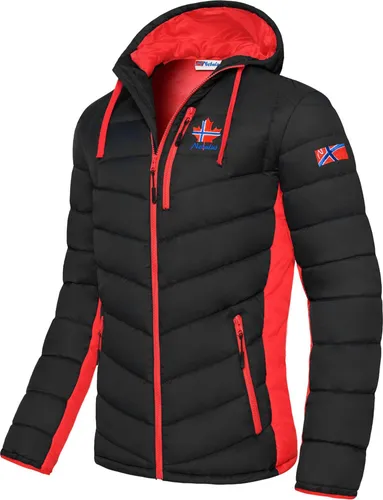 Nebulus Herren Jacke MERIK – Warme Outdoorjacke für Übergang & Winter, schwarz-rot, Größe S - Hochwertige Steppjacke aus 100% Polyester, windfest und wasserabweisend. Praktische Reißverschlusstaschen und feste Kapuze bieten Funktionalität. Stylisches Design mit Norwegen-Flagge für einen lässigen Look.