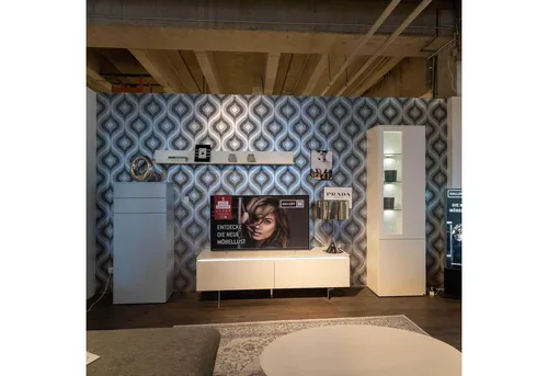 GALLERY M branded by Musterring Anbauschrank Wohnwand Merano Lack Weiß Eisblau Tip-on-Beschlag Grifflos