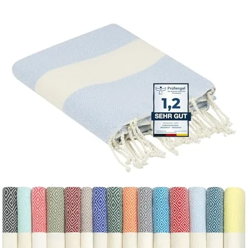 furora Holiday Strandtuch groß 100x200 cm - Premium Hamamtuch - Strandtücher: XXL Baumwolltuch, ideal für Strand, Sauna oder Picknick - leicht, kompakt und vielseitig einsetzbar, unterstützt traditionelle Handwerkskunst aus Tunesien.