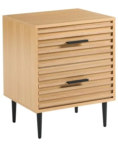 Beliani Nachttisch Keith - Holzoptik Hellbraun - Moderner Nachttisch mit zwei geräumigen Schubladen aus hochwertigem MDF. Robuste Metallbeine sorgen für Stabilität. Ideal zur praktischen Aufbewahrung und passend zu jedem Schlafzimmerstil. Montageanleitung im Lieferumfang enthalten.