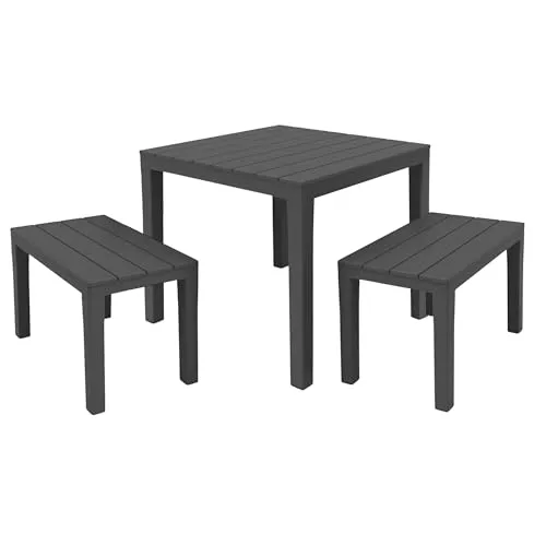 Spetebo Garten Sitzgruppe mit Tisch in Holz Optik anthrazit - 3-teilig - Kunststoff Tischgruppe mit 2 Sitzbänken - Gartengarnitur Set Gartentisch Sitzbank Sitzhocker Garnitur für Balkon Terrasse