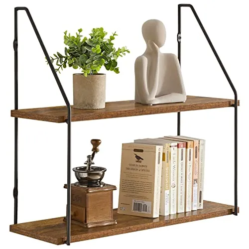YMYNY Schweberegal Standregal Wandregal mit 2 Etagen in Elegantem Stil, Wandmontage, 60 x 20,5 x 80 cm, aus Holz und Metall, Lagerregale für Schlafzimmer, Küche, Wohnzimmer, Badezimmer HD-HRF-TM011
