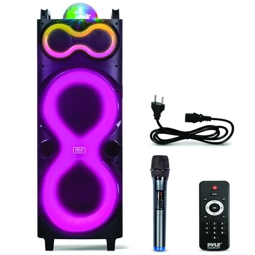 Pyle Bluetooth Party-Lautsprecher mit Mikrofon & Lichtshow, 240W - Genießen Sie kraftvollen Sound mit unserem tragbaren Bluetooth Party-Lautsprecher. Ideal für drinnen und draußen, sorgt er mit Lichtshow und einfacher Steuerung für unvergessliche Momente bei jedem Event.