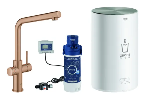 Grohe Red Duo Spültischarmatur - Warm Sunset gebürstet, Größe M - Küchenarmaturen mit integriertem Boiler für sofort heißes Wasser, ideal für schnelle Zubereitung von Tees und Speisen.