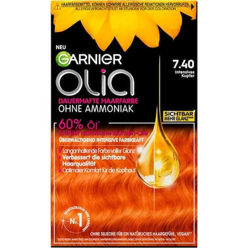 GARNIER Olia Haarfarbe 7.4 Intensives Kupfer - Dauerhafte Coloration - Die GARNIER Olia Haarfarbe bietet eine ammoniakfreie Formel mit 60 % natürlichen Ölen. Für intensive Farbe, bis zu 100 % Grauhaarabdeckung und ein geschmeidiges Haargefühl. Ein blumiger Duft macht das Färben angenehm.