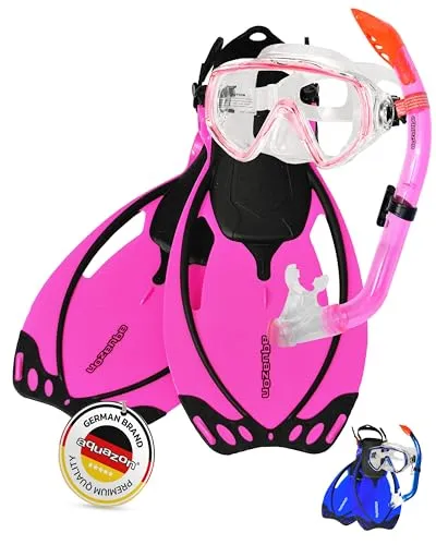 AQUAZON Miami Schnorchelset, Schwimmset, Tauchset, Taucherbrille mit Anti Fog Tempered Glas, Silkon, Semi Dry Schnorchel, verstellbare Flossen für Kinder, Farbe:pink, Größe:32/37