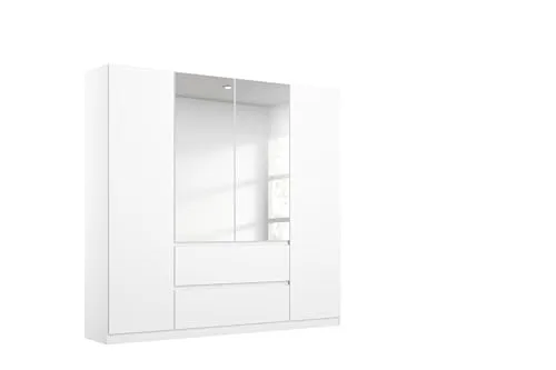 Kleiderschrank Nidda 4-türig in Weiß mit Spiegel - Moderner Schlafzimmerschrank mit 4 Türen und praktischer push-to-open-Funktion, inklusive Spiegel und viel Stauraum für Ihre Kleidung. Breite: 181 cm.