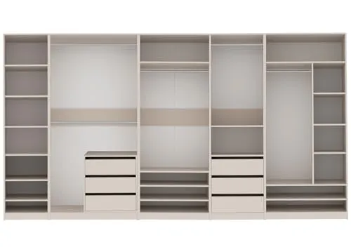 Marmex TRES R SET Kleiderschrank ohne Türen 380x206x51cm - Garderobenset in Graubeige Cashmere, bietet viel Stauraum mit 5 Kleiderstangen, 12 variablen Einlegeböden und 6 Schubladen für optimale Organisation.