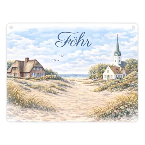 Küstenlandschaft Föhr Souvenir Metallschild in 15x20 cm mit Kirche Maritime Dekoration - ein originelles Küstengeschenk