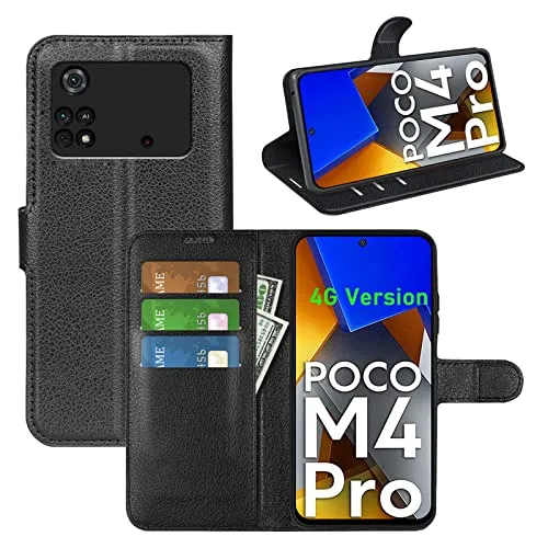 betterfon Handyhülle Kompatibel mit Poco M4 Pro 4G | Premium Qualität TPU Klapphülle für M4 Pro 4G mit Kartenfächern | Magnetverschluss Handyhülle | Schwarz
