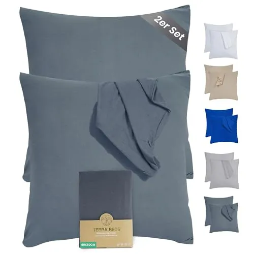 Terra Beds Kissenbezug 80x80 (Set mit 2) - 100% Baumwolle Jersey 160 g/m2, Oeko-Tex Zertifiziert - Kopfkissenbezug für Kissen 80x80 mit Reißverschluss, weich und atmungsaktiv - (Anthrazit Grau)