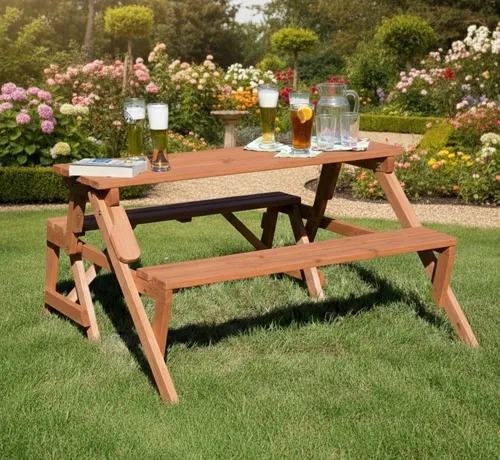 Holzbank Tisch Sitzgarnitur - Picknickbank - Kombibank - Loungemöbel & Sitzgruppen, aus robustem Holz, ideal für Gartenpartys und gemütliche Picknicks, Tischhöhe 75 cm