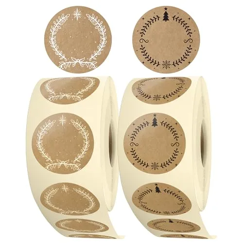 colortouch Aufkleber zum Beschriften Weihnachten - 1000 St Beschriftbar Kraftpapier Optik Geschenkaufkleber - 35 mm Rund Rolle Vintage Weihnachtsdeko für Verpackung, Geschenke - Sterne, Tannenbaum