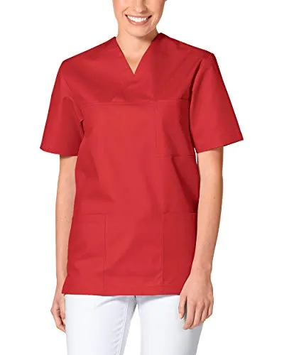 CLINIC DRESS Schlupfkasack - Unisex Kasack Damen und Herren bunt für Pflege und Altenpflege, Kurzarm und Brusttasche, 95 Grad Wäsche rot, XS