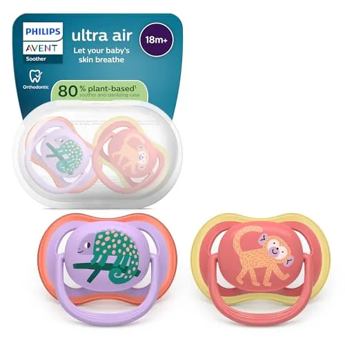 Philips Avent ultra air Schnuller – kiefergerecht geformtes Design, für Babys ab 18 Monaten, weicher, symmetrischer Silikonsauger, BPA-frei, mit Sterilisationsbehälter, 2er-Pack, SCF349/47