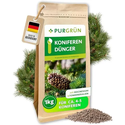 Purgrün® Koniferendünger 1 kg – Extra Magnesium für leuchtend grüne Nadeln - Organisch-mineralischer Dünger im feinen Krümelgranulat, ideal für Koniferen. Mit 2 % Magnesium für intensive Farben und verbesserte Bodenstruktur durch wertvolle Tonmineralien.