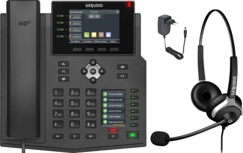 GEQUDIO IP Telefon GX5+ Set - Kompatibel mit Fritzbox & Telekom - Festnetztelefon mit kristallklarer HD-Sprachqualität und einfacher Einrichtung. Inklusive Netzteil, 2-Ohr-Headset und bebilderter Anleitung für schnellen Start.