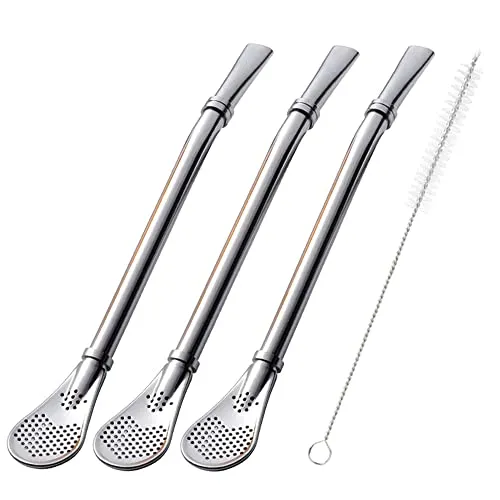 Bombilla Yerba Mate Strohhalme, 3er-Pack Wiederverwendbarer bunter Tee-Kaffee-Cocktail Edelstahl gebogener glatter Fluss Trink-Rührfilter-Löffel-Strohhalme mit Reinigungsbürste von Beruth (silber)