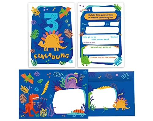 Junapack 12 Einladungskarten incl. 12 Umschläge zum 3. Kindergeburtstag dritte Geburtstag Jungen Dinosaurier Dino Geburtstagseinladungen
