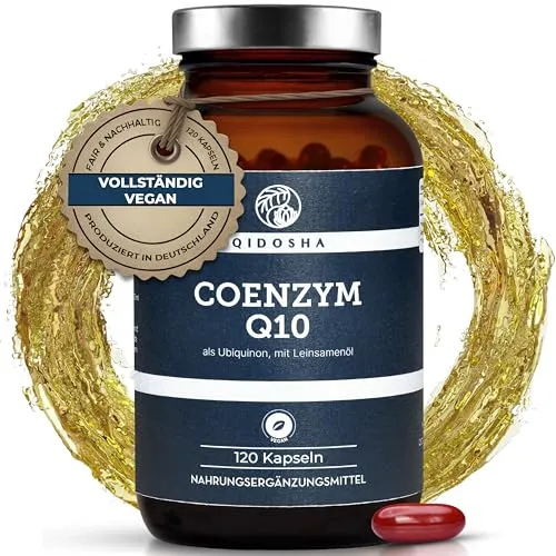 QIDOSHA® Coenzym Q10 Kapseln hochdosiert - 200mg Ubiquinon pro Kapsel - Antioxidant Coenzym Q10 mit 200mg Coenzym Q10 und 800mg Leinsamenöl für optimale Bioverfügbarkeit. 100% vegan und in nachhaltigem Glas verpackt.