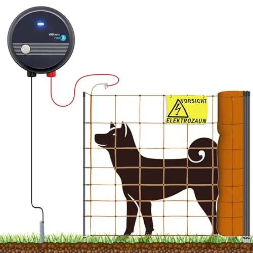 VOSS.farming 50m Hundezaun Komplettset Orange für mittelgroße Hunde, Weidezaungerät Elektronetz Erdanschlussset Warnschild Reparaturset, Garten Hütesicherheit Elektrozaun Hundezaun Hund
