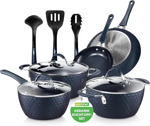 NutriChef 11-teiliges Pfannenset & Topfset – Antihaftbeschichtet - Topf- & Pfannensets mit langlebiger Antihaftbeschichtung für müheloses Kochen und Reinigung. Ergonomische Griffe und durchsichtige Glasdeckel sorgen für Komfort und Kontrolle beim Kochen.