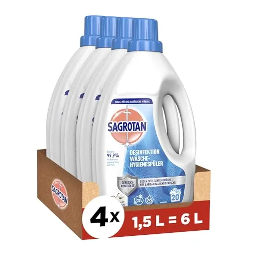 Sagrotan Wäsche-Hygienespüler Himmelsfrische 4 x 1,5 l - Effektiver Wäsche-Hygienespüler im 4er Pack (1,5 l pro Flasche) für frischen Duft. Ideal für Waschmaschine und Handwäsche, sorgt für hygienisch saubere Wäsche.