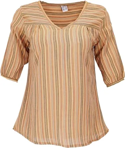 GURU SHOP Leichte Baumwollbluse, Gestreifte Boho Schlupfbluse mit V-Ausschnitt - Cider, Damen, Baumwolle, Size:XL