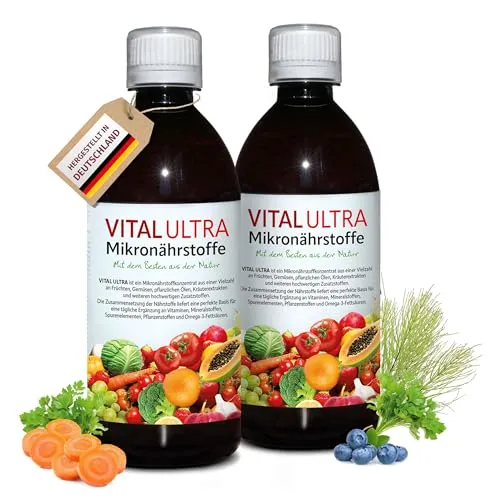 Vital Ultra Mikronährstoffkonzentrat – 2x480 ml - Hochwertiges flüssiges Mikronährstoffkonzentrat mit über 70 Zutaten für die tägliche Ernährung. Einfache Einnahme und hohe Qualität – ideal zur Ergänzung Ihrer Nährstoffzufuhr!