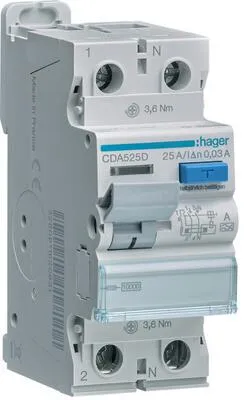 Hager CDA525D FI-Schutzschalter 2P 10kA 25A 30mA Typ A - Fehlerstromschutzschalter für sichere Elektroinstallationen, 2-polig, 10kA, mit externer Test-Taste und Fehlerstromanzeige. Ideal für nachträglichen Anbau von Zusatzeinrichtungen.