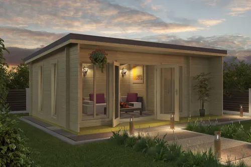 Gartenhaus Blockhaus Holzhaus JAPAN 44 mm - Geräumiges Gartenhaus mit 3 Räumen, ISO-Glas und Designer-Design, ideal für Gartenliebhaber. Hergestellt aus nordischer Fichte, einfach zu montieren und mit 5 Jahren Garantie.