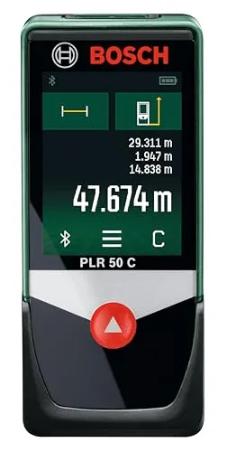 Bosch Laserentfernungsmesser PLR 50 C - Präzise Messungen bis 50m - Messgeräte: Der Bosch PLR 50 C überzeugt mit einem Farb-Touchscreen und vielseitigen Messfunktionen wie Flächen- und Volumenberechnung, ideal für präzise Anwendungen.