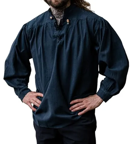 Leonardo Carbone® Meliertes Mittelalter-Hemd Georg - Mittelalter Kleidung Herren, Mittelalter Hemd, LARP-Kleidung, Festival Outfit Herren, Kostüm, Freizeithemden Langarm - 100% Baumwolle Blau S