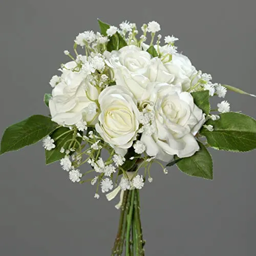 mucplants Rosen- Bouquet 25cm mit Schleierkraut weiß Kunstblumen künstlicher Strauß Rosen
