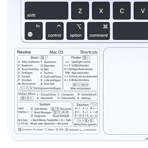 Devino® Shortcuts Aufkleber Mac OS für 13“-16“ MacBook Pro Air M1 M2 / Intel Transparent (Ventura/Monterey/Big Sur/Catalina/Mojave) Sticker Deutsch (1, Transparent Schwarz)