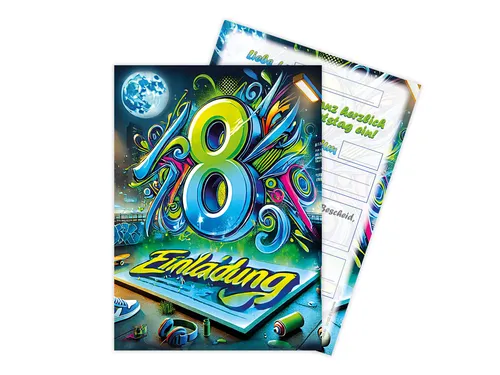 LIMONIA Einladungskarten Graffiti zum Kindergeburtstag Mädchen Jungen Einladungen neon, Einladungskarten zum 8. Geburtstag mit Graffiti Motiv
